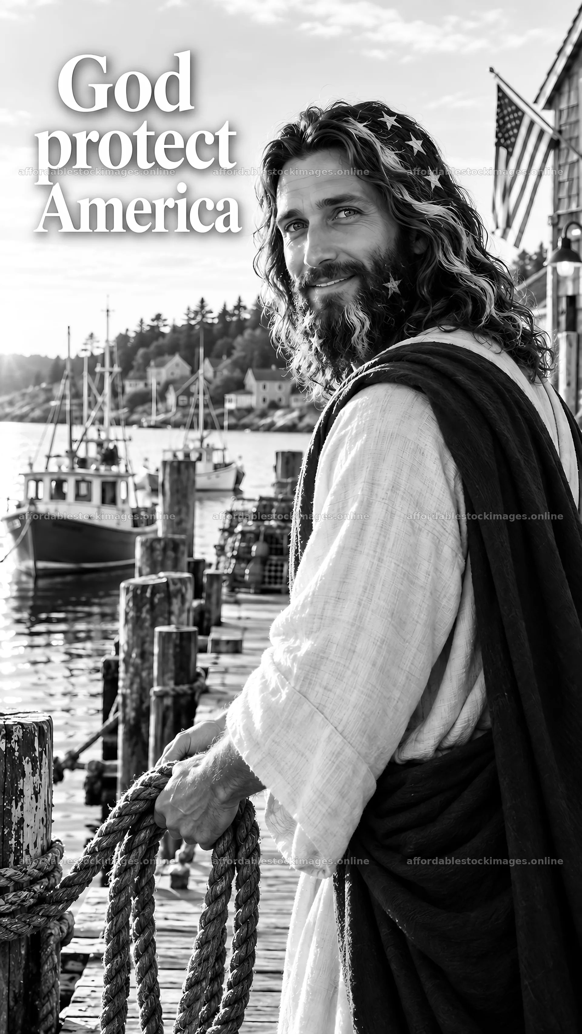 Jesus Christ holds a rope at a harbor with boats nearby – stock images 5811x10326