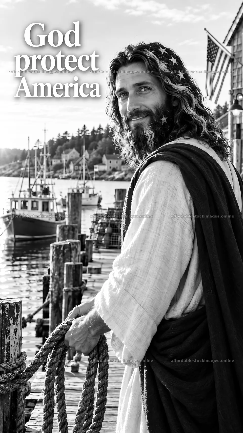 Jesus Christ holds a rope at a harbor with boats nearby – stock images 5811x10326