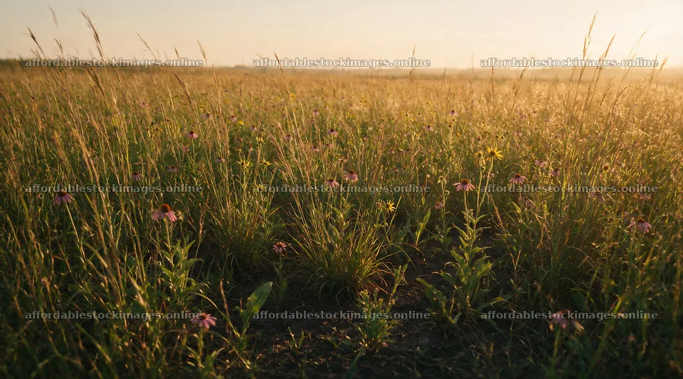 Rewilding meadow with flowers and tall grasses under sunlight – stock images 10648x5916