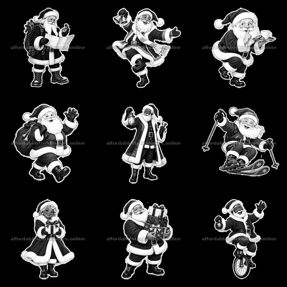 Santa Claus cartoon stickers in various festive poses – stock images 7746x7746