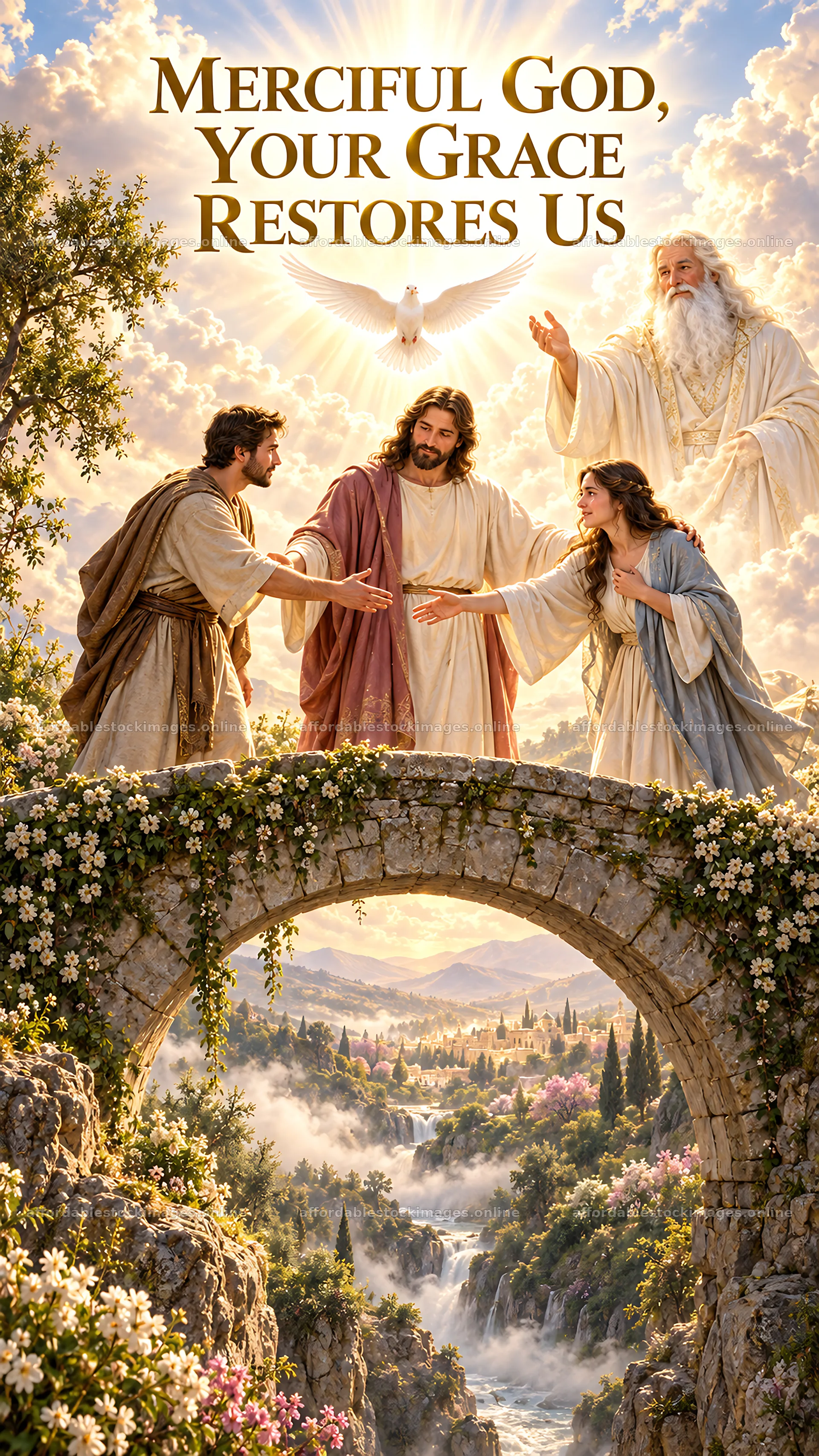 Jesus Christ sharing grace with others in a serene landscape – stock images 5811x10326