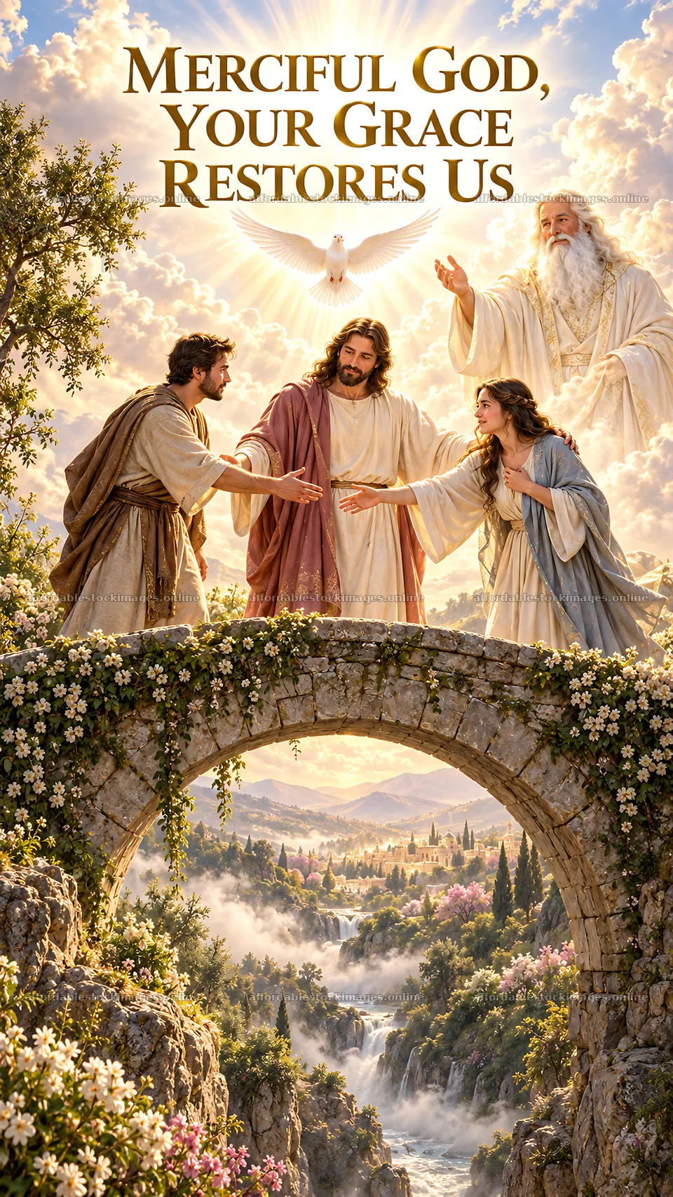 Jesus Christ sharing grace with others in a serene landscape – stock images 5811x10326