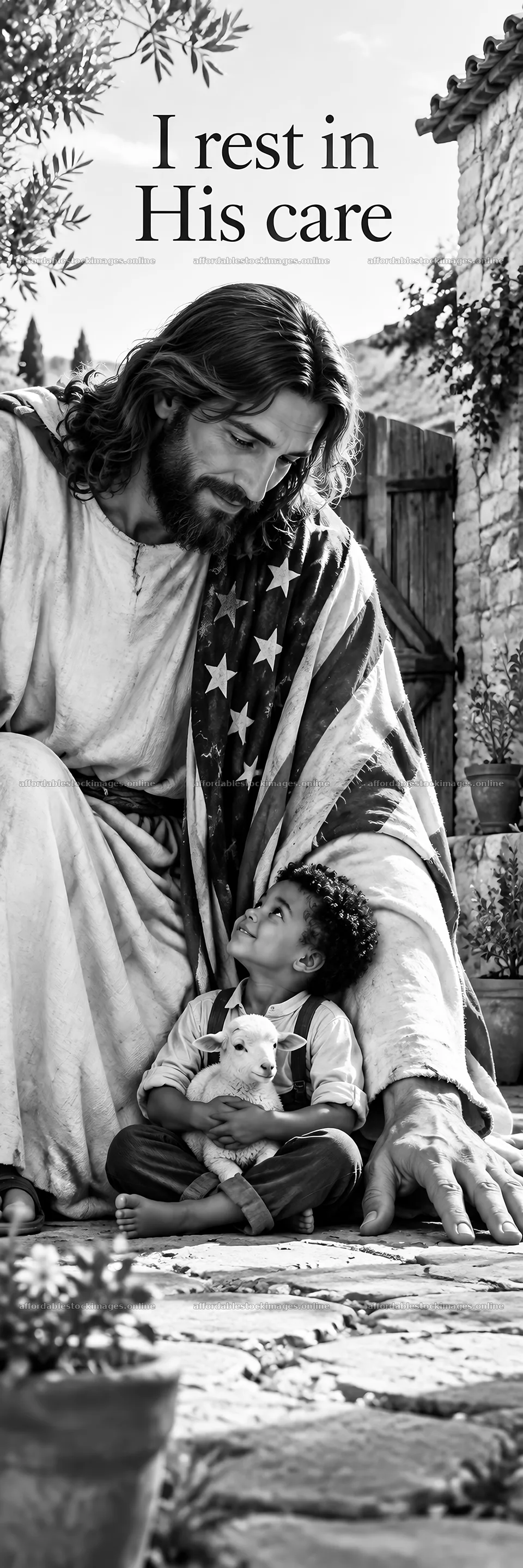 Jesus Christ comforts a child with love and care – stock images 4472x13417