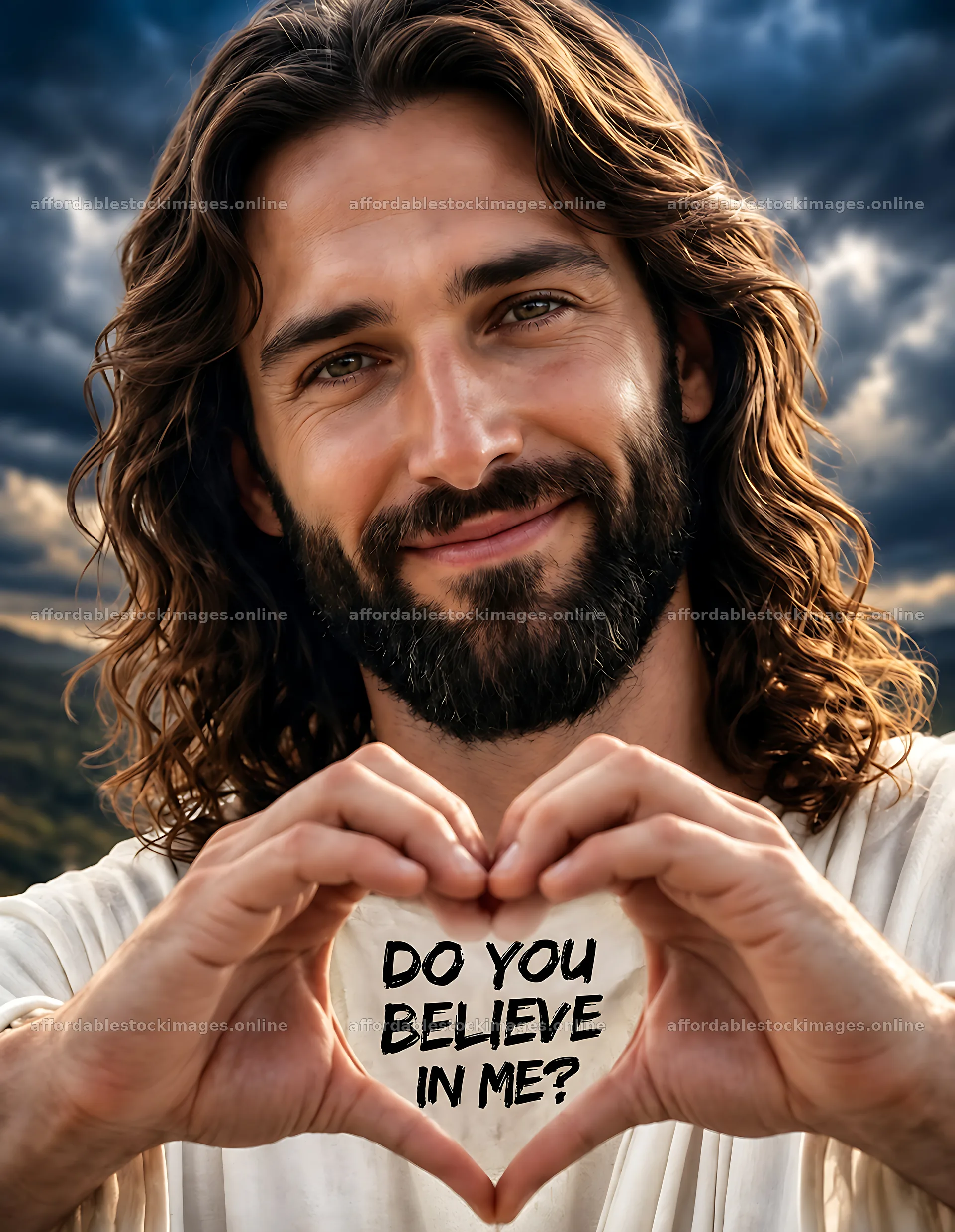 Hope beneath the clouds with a man making a heart shape – stock images 6986x9018