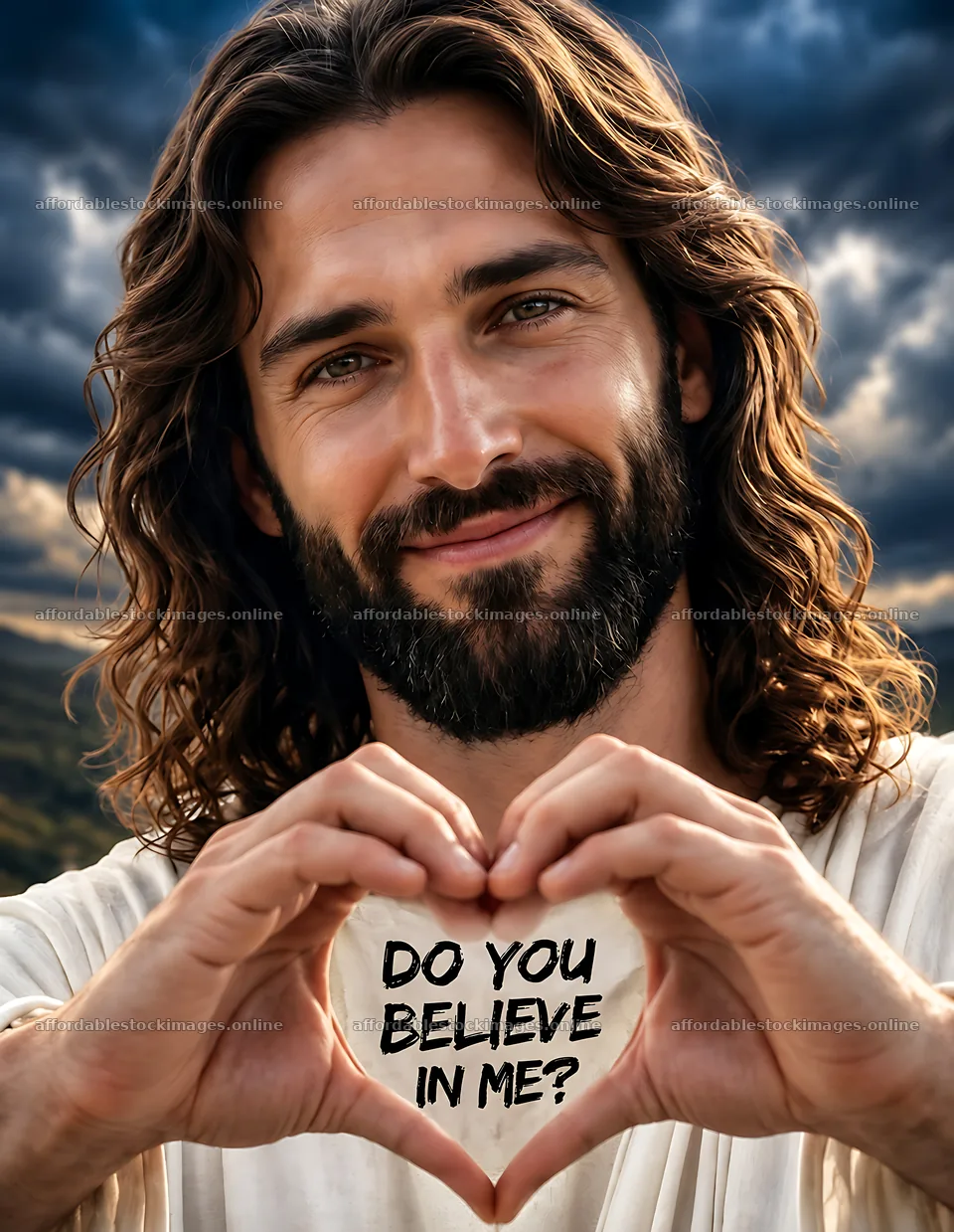 Hope beneath the clouds with a man making a heart shape – stock images 6986x9018