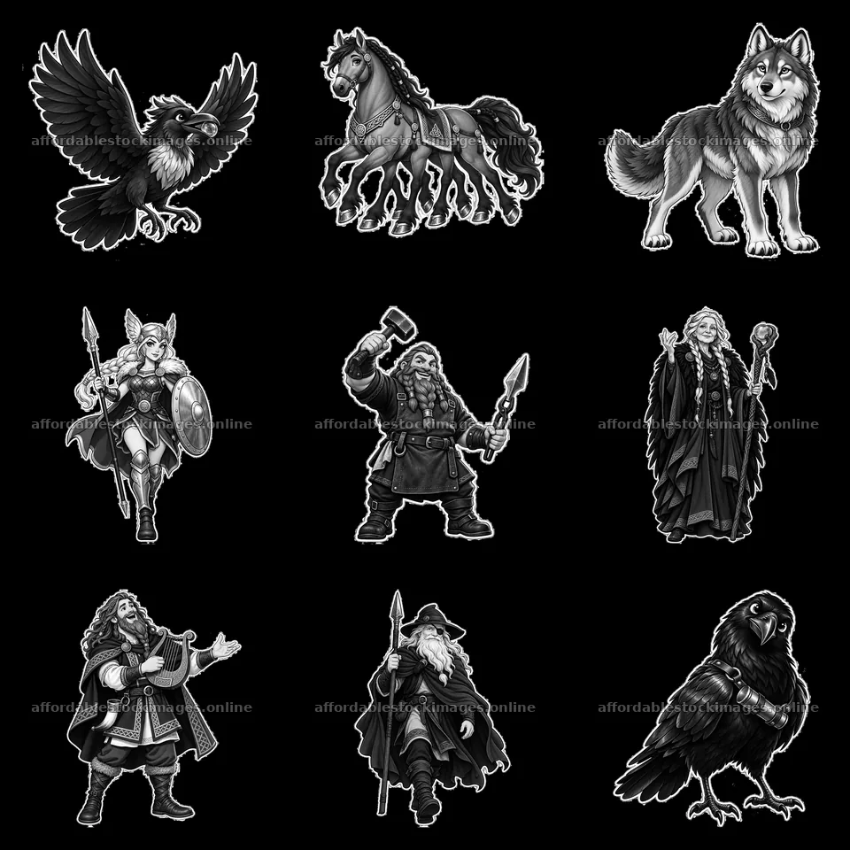 Odin the Norse All-Father with his companions in black and white – stock images 7746x7746