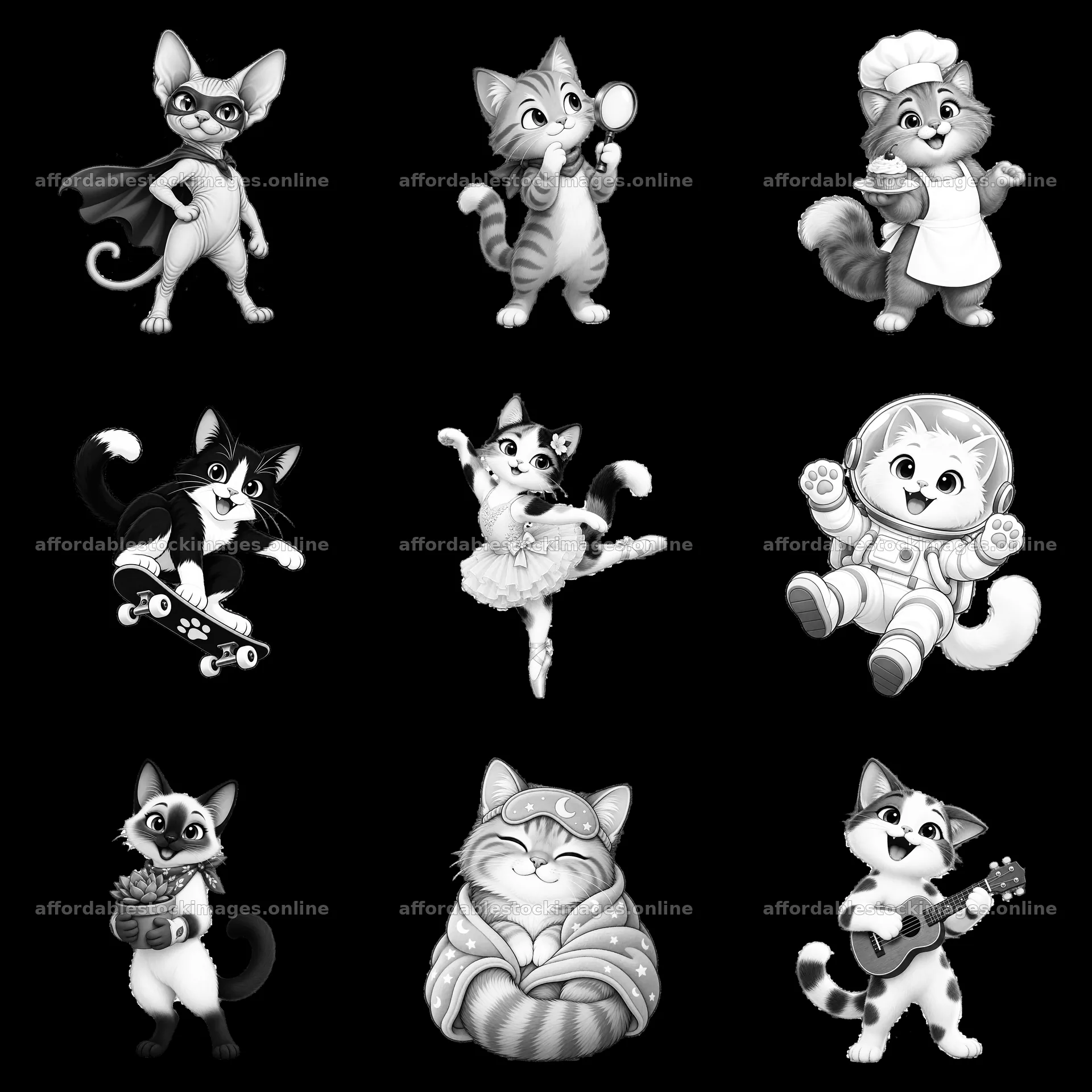 Nine cartoon cats in various fun and playful activities – stock images 7746x7746