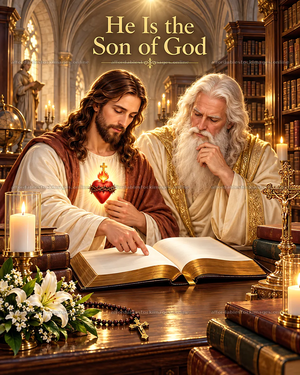 Sacred wisdom in the library with figures of Jesus and God – stock images 7100x8872
