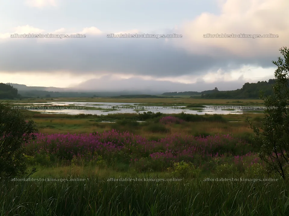 Meadow and reed in saga floodplain landscape – stock images 9174x6866