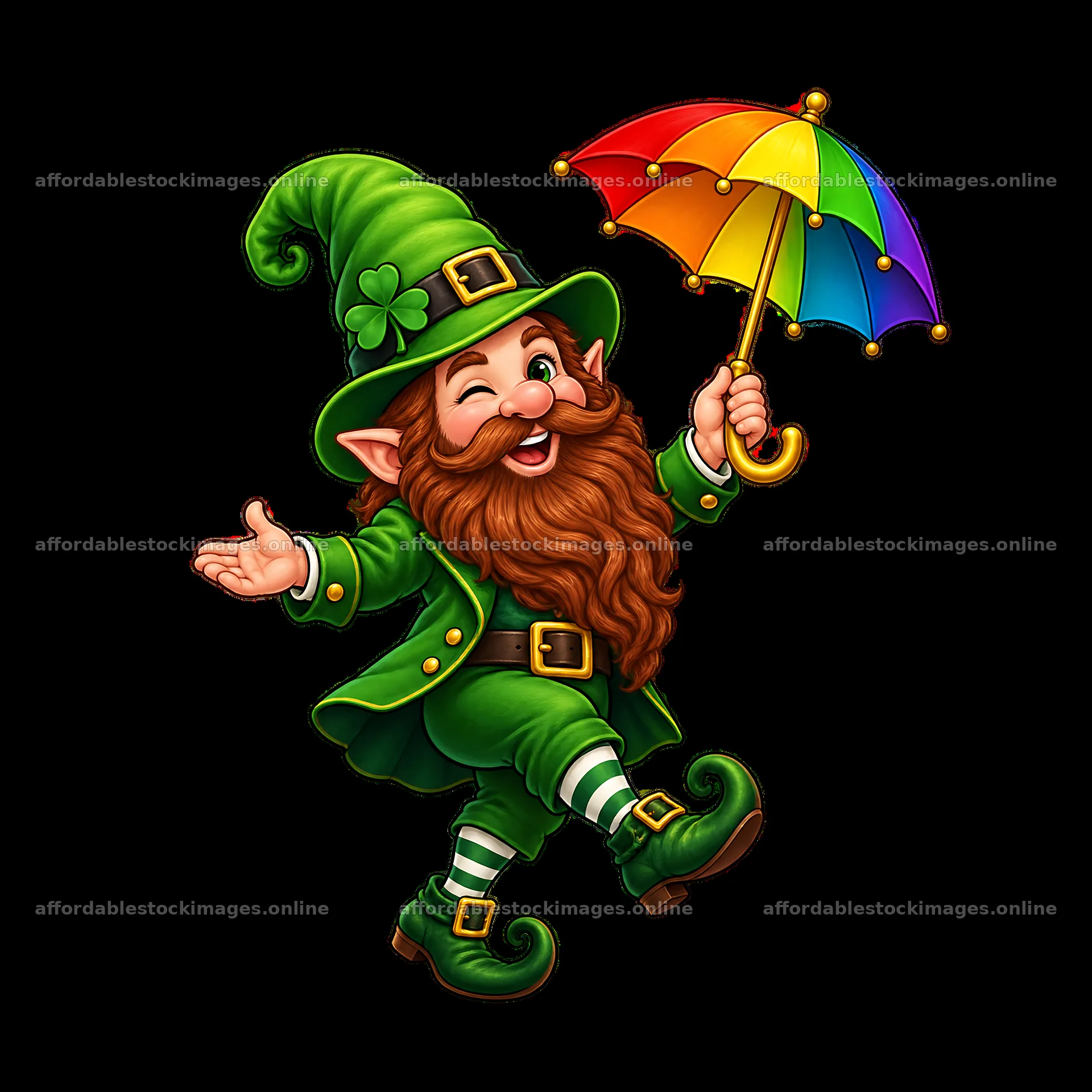 Smiling gnome with rainbow umbrella celebrating St. Patrick's – stock images 7746x7746