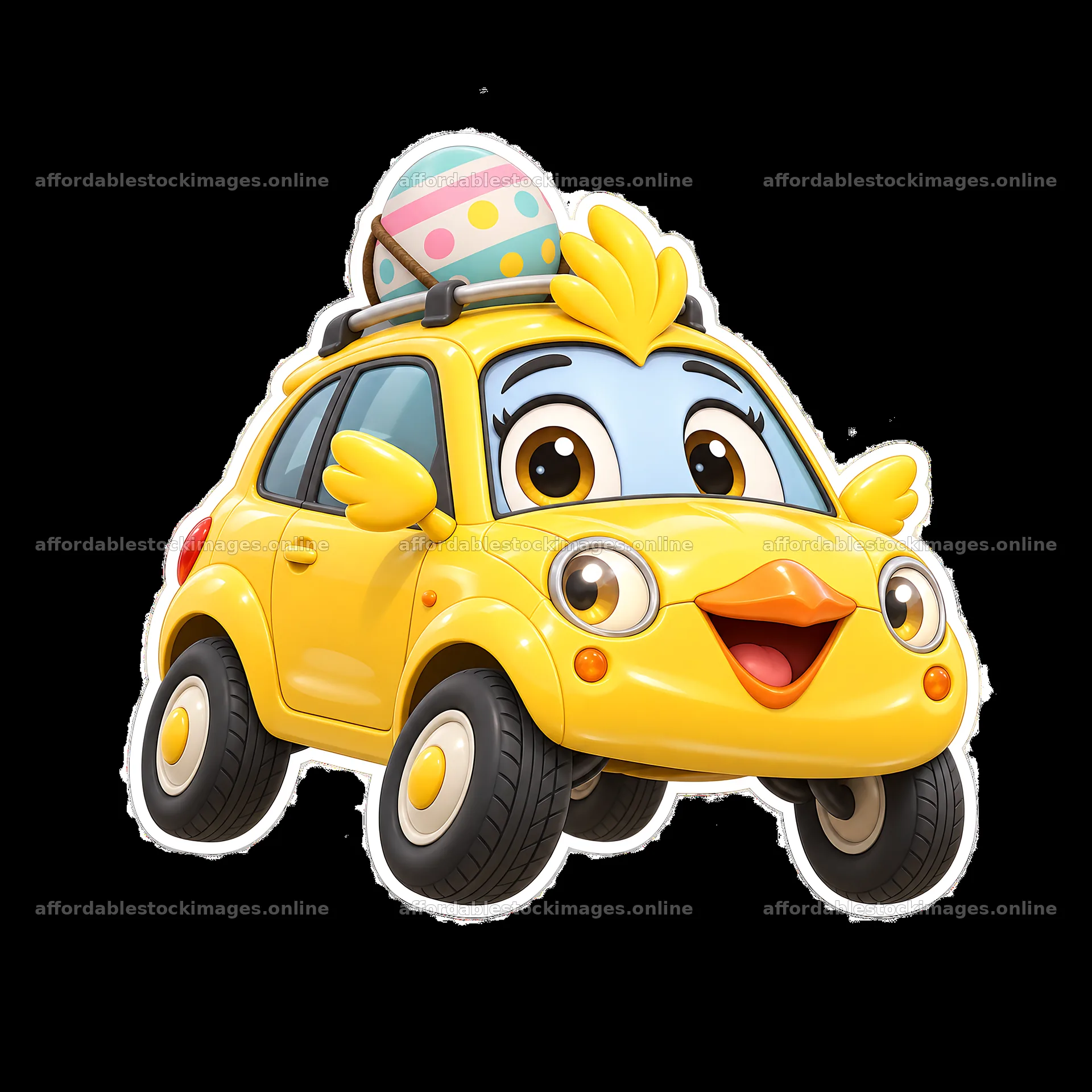 Bright yellow car with a chick design and Easter egg on top – stock images 7746x7746