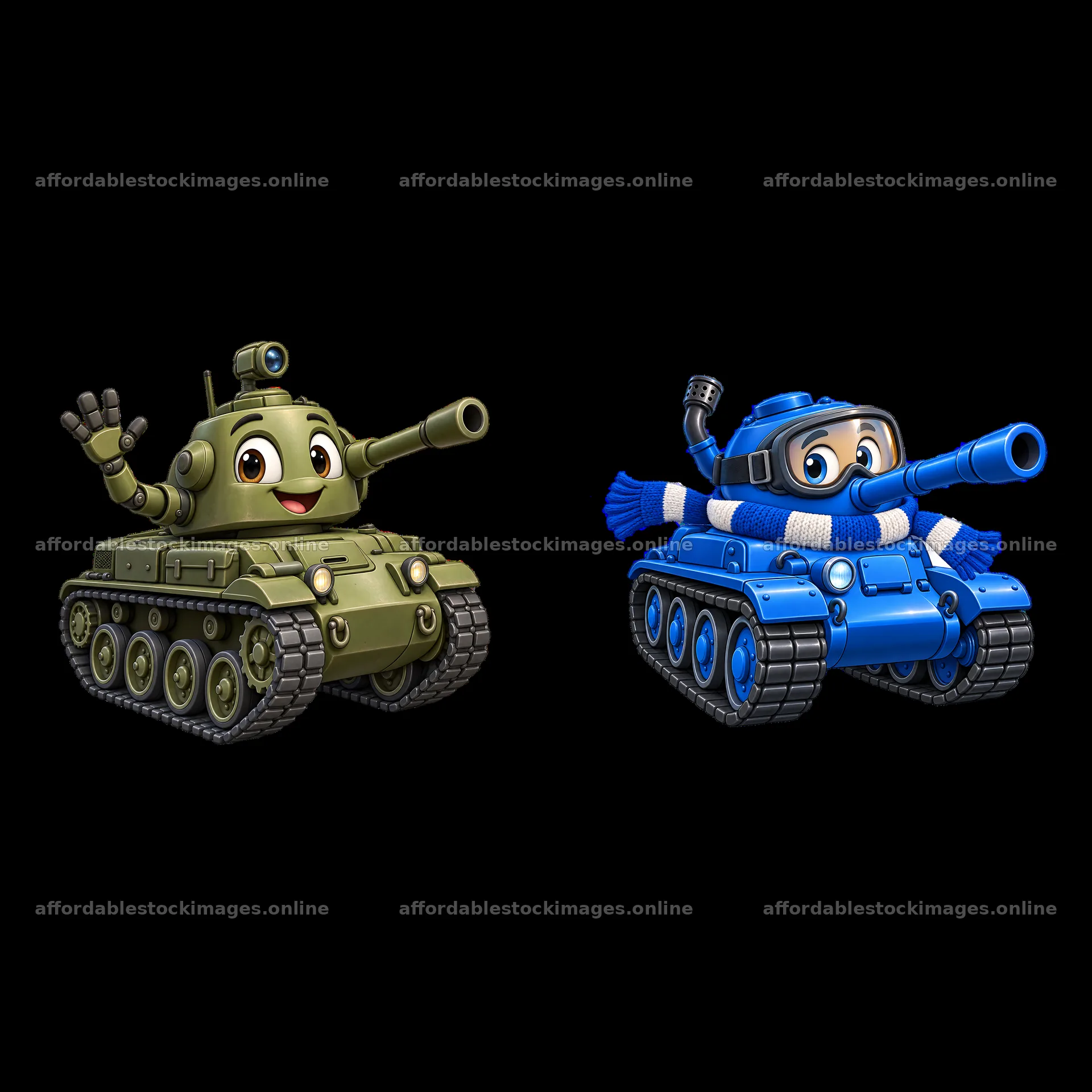Cartoon tanks with smiling faces and playful poses – stock images 7746x7746