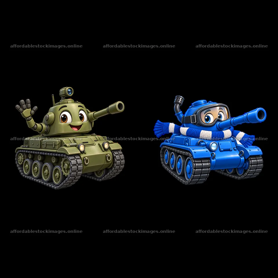 Cartoon tanks with smiling faces and playful poses – stock images 7746x7746