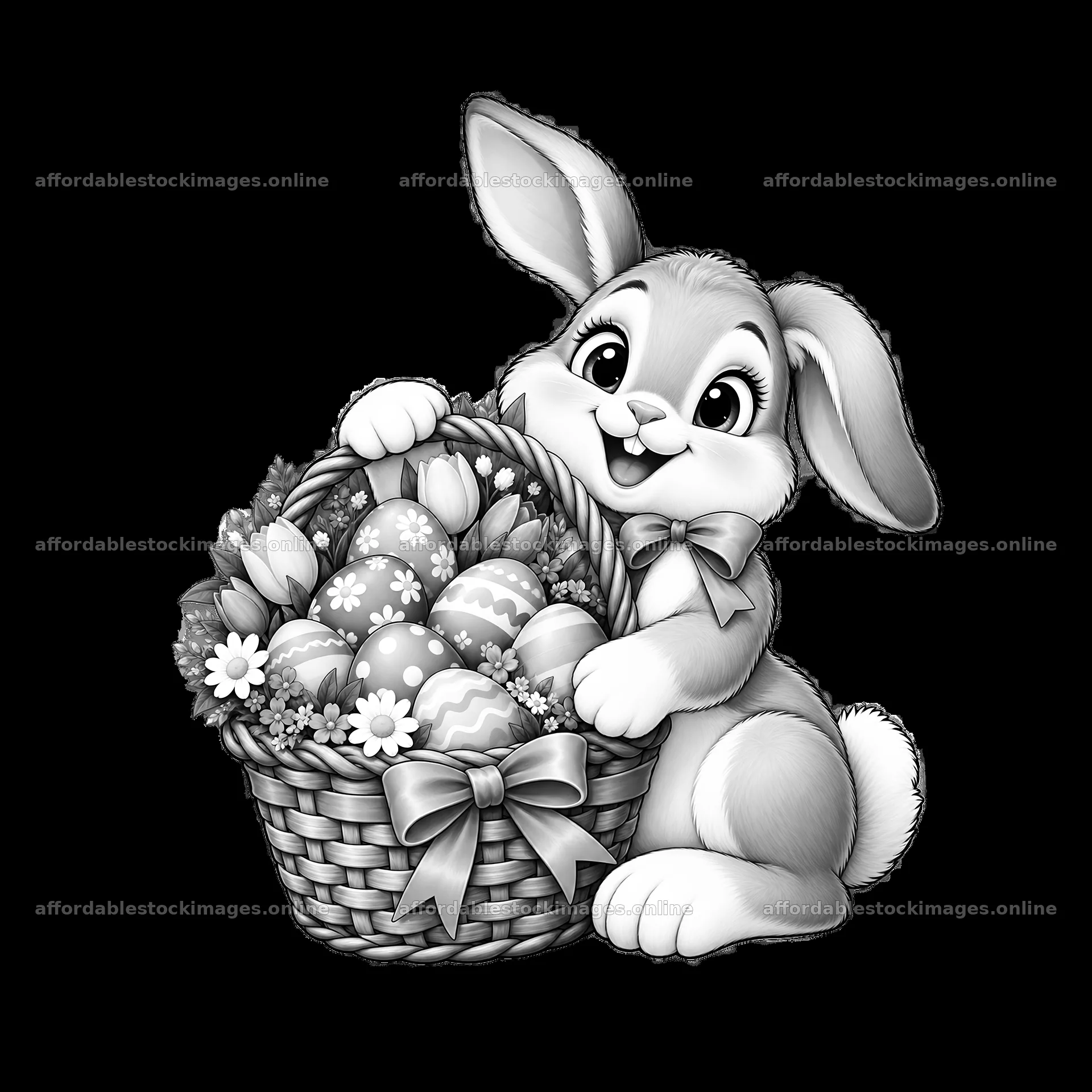 Bunny with basket full of decorated eggs and flowers – stock images 7746x7746