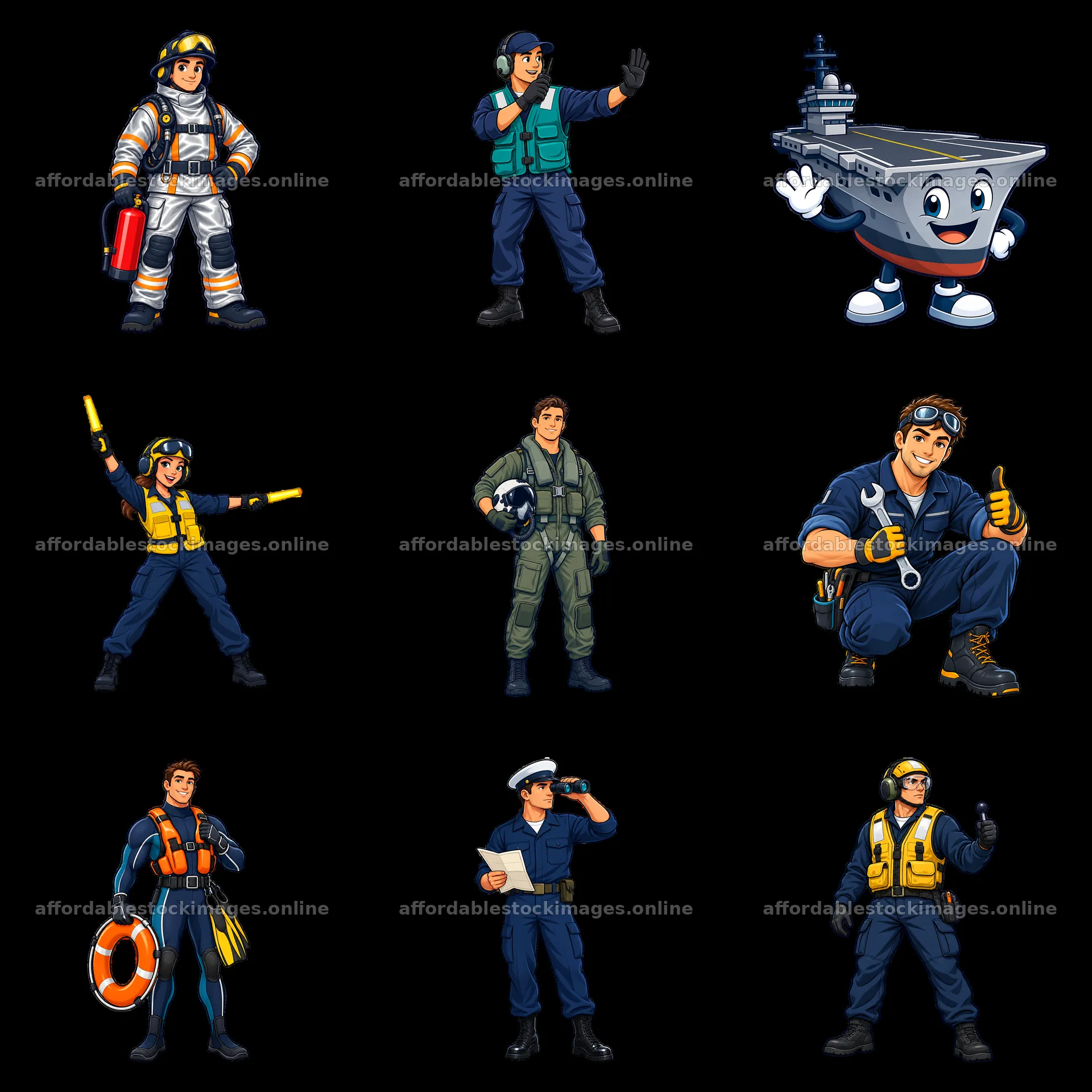 Cartoon characters and aircraft carrier stickers in a 3x3 layout – stock images 7746x7746