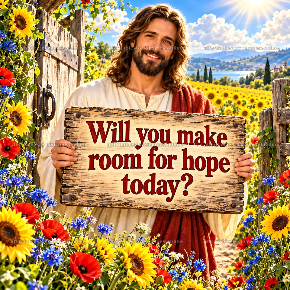 Jesus Christ holding a sign in a flower field asking for hope – stock images 7746x7746