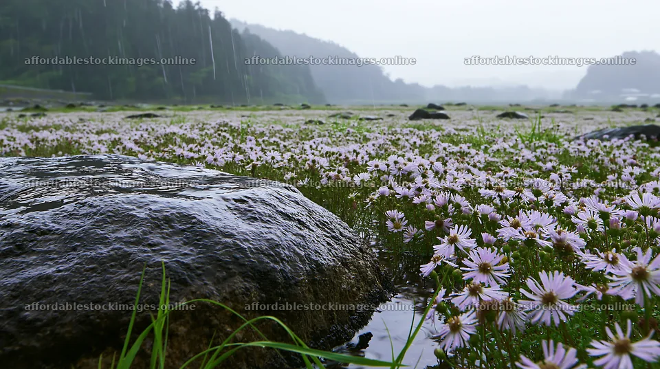 Hiroshima meadow with smooth rock and flowers under rain – stock images 10608x5938