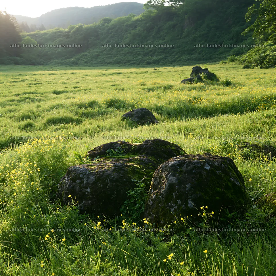 Miyagi spring recovery meadow mossy stone in grassy field – stock images 7938x7938