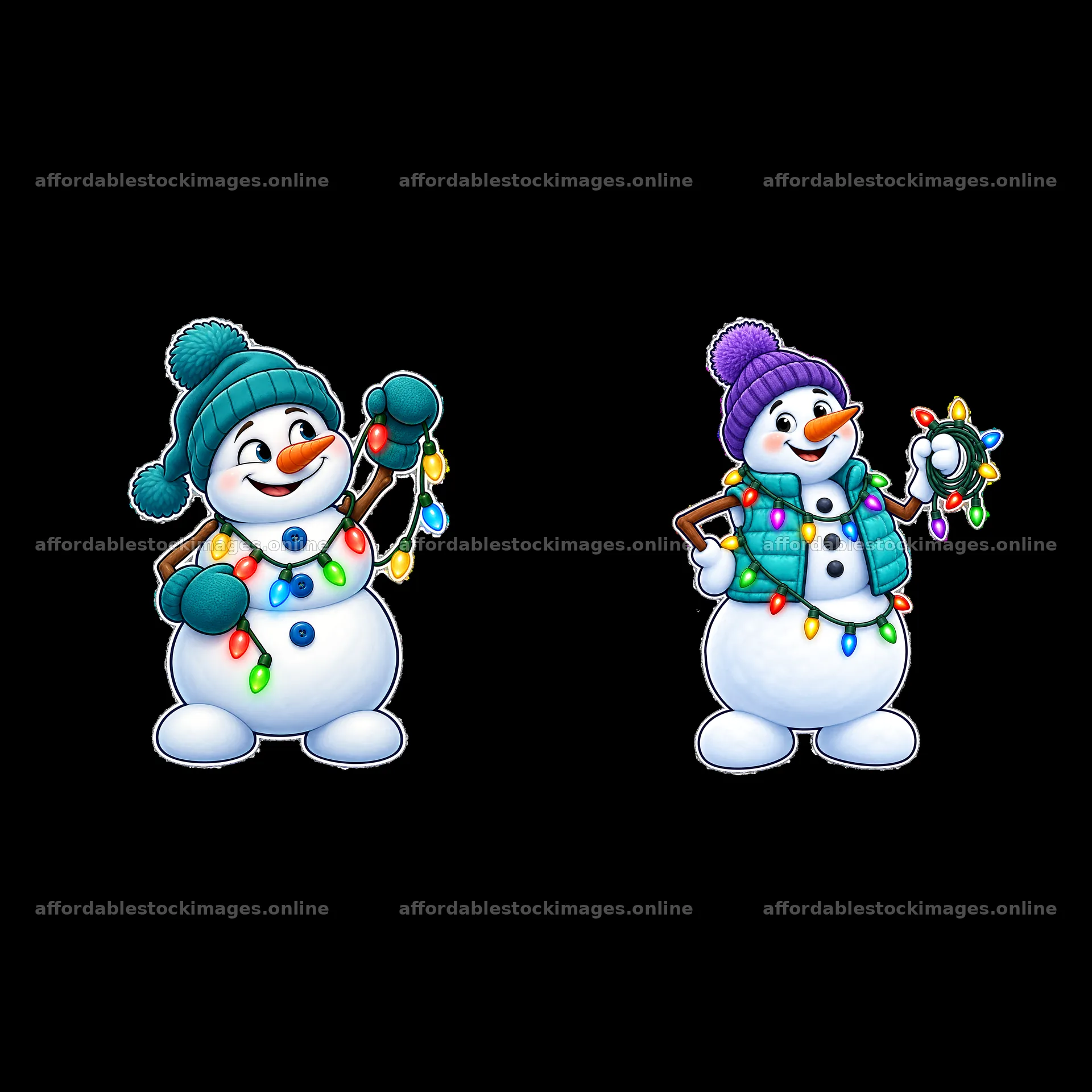 Snowmen with colorful string lights ready for winter festivities – stock images 7746x7746