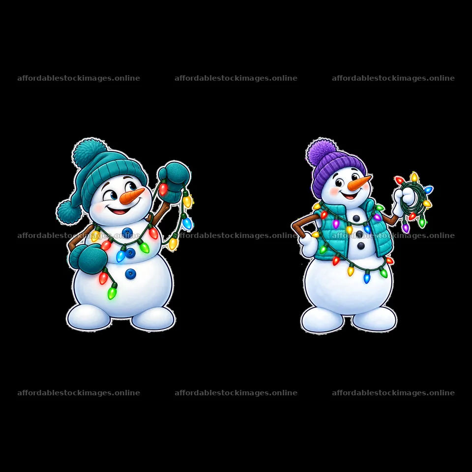 Snowmen with colorful string lights ready for winter festivities – stock images 7746x7746