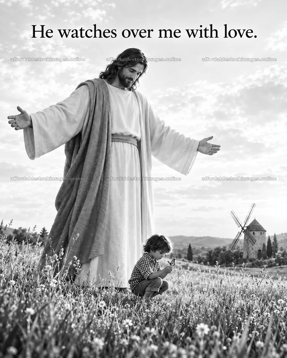 Jesus Christ watches over a child in a field – stock images 6930x8659