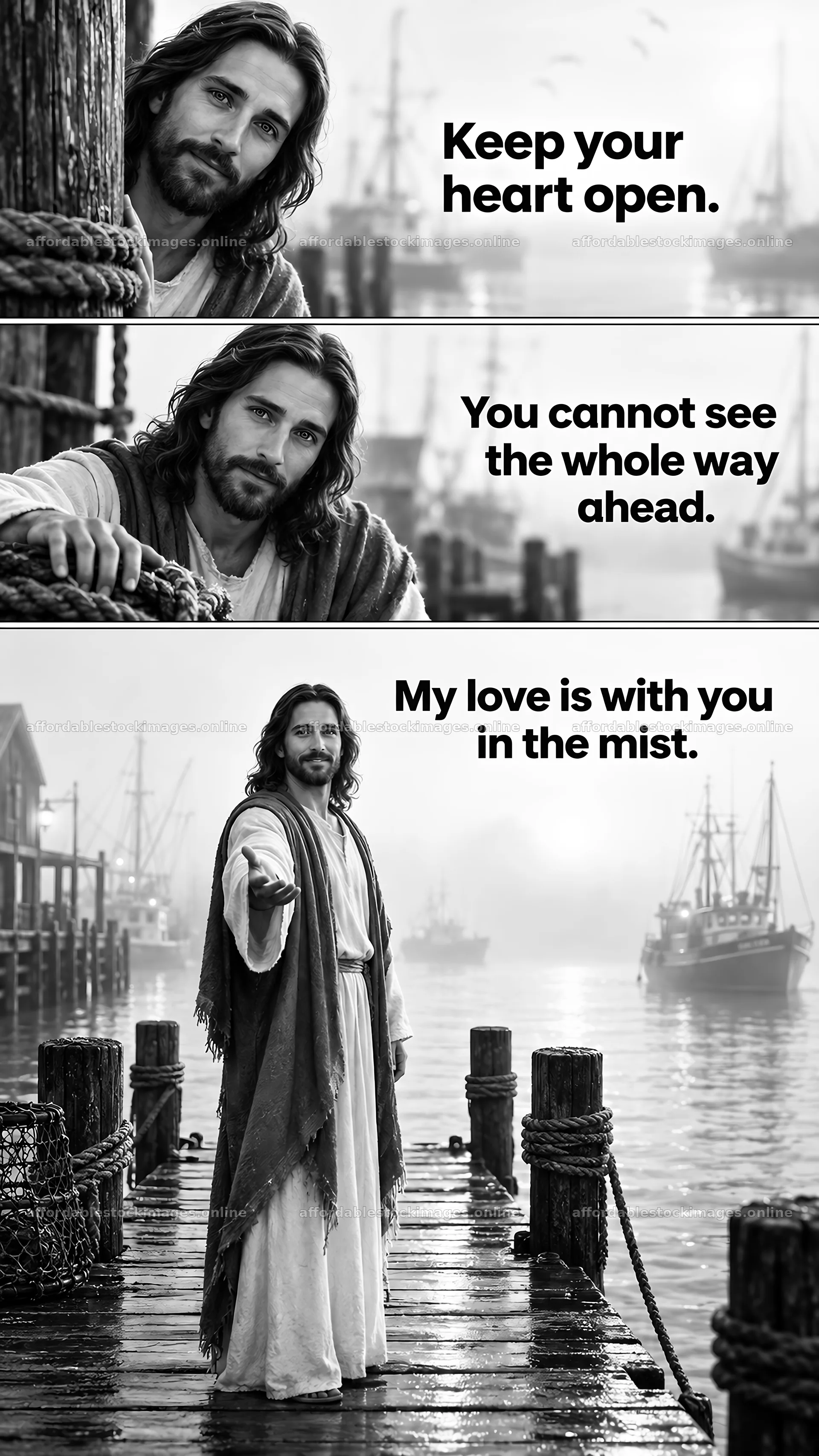 Jesus Christ offering guidance and comfort on a misty dock – stock images 5811x10326