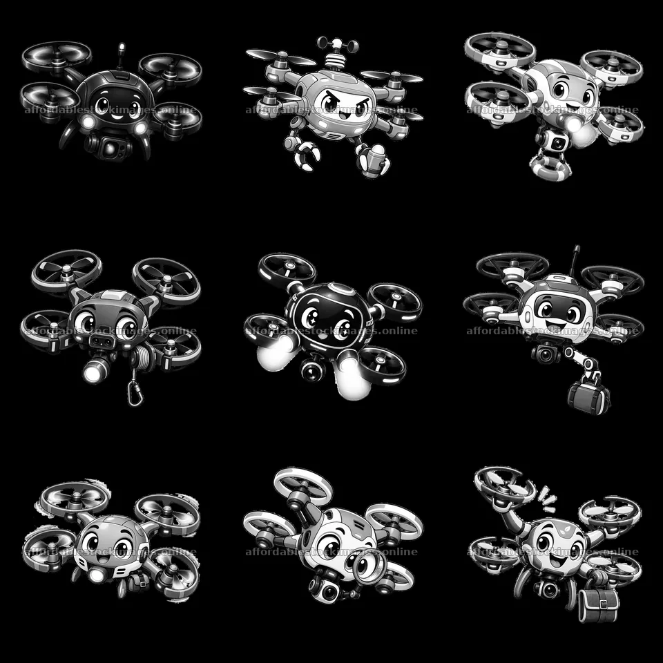 Cartoon style drone stickers in grid layout – stock images 7746x7746