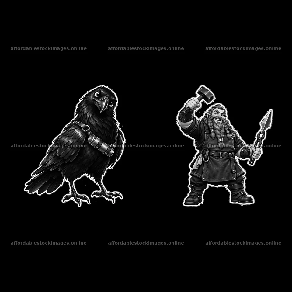 Odin with his raven and Viking warrior in black and white – stock images 7746x7746