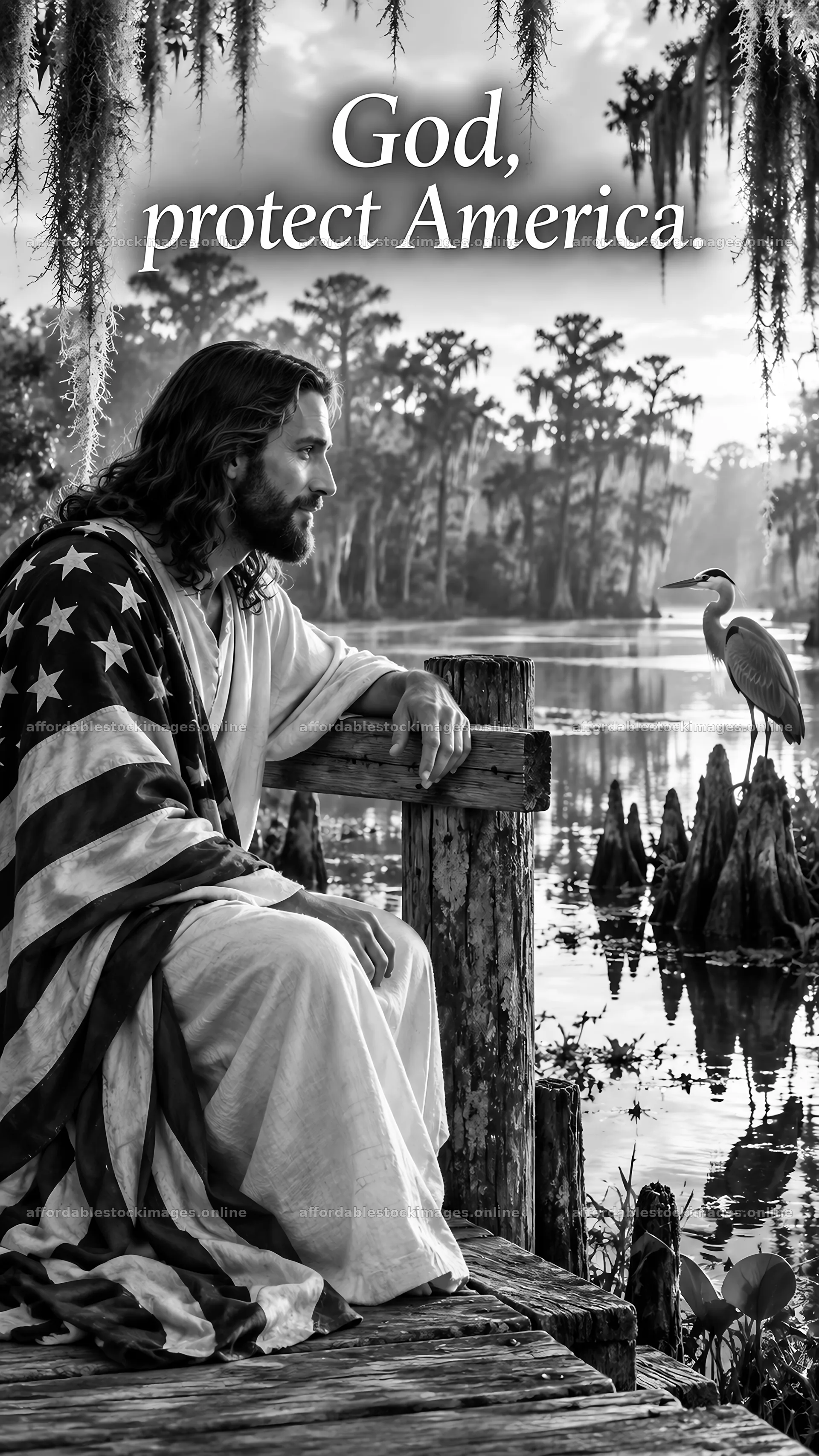 Jesus Christ sitting by the water with the American flag – stock images 5811x10326