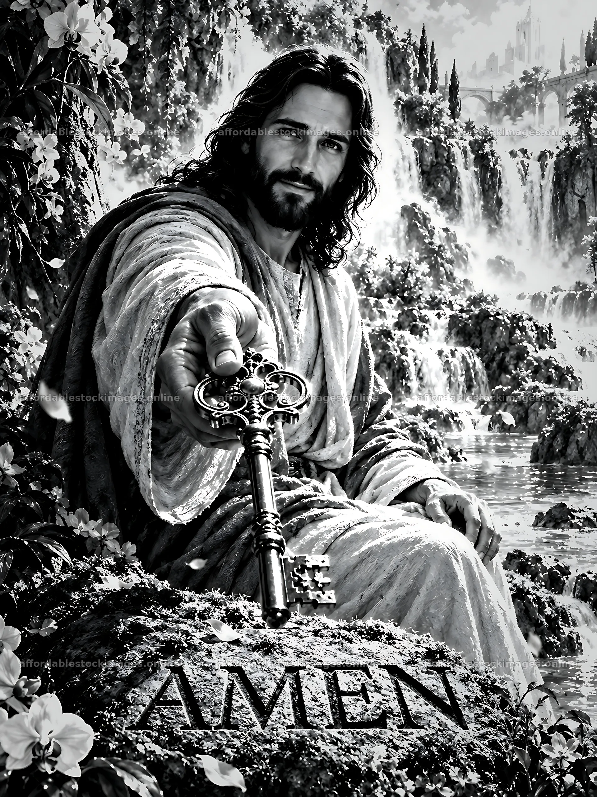 Waterfall of Grace showing a figure with a key – stock images 6874x9166