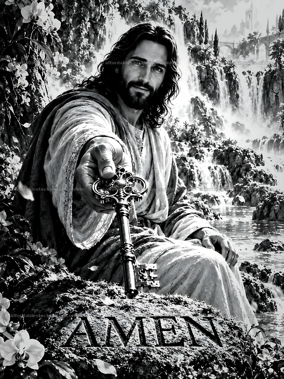 Waterfall of Grace showing a figure with a key – stock images 6874x9166