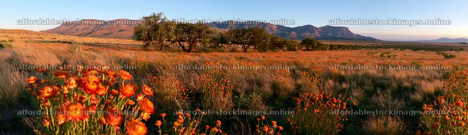 Expansive meadow with orange flowers and mountain backdrop – stock images 14762x4268