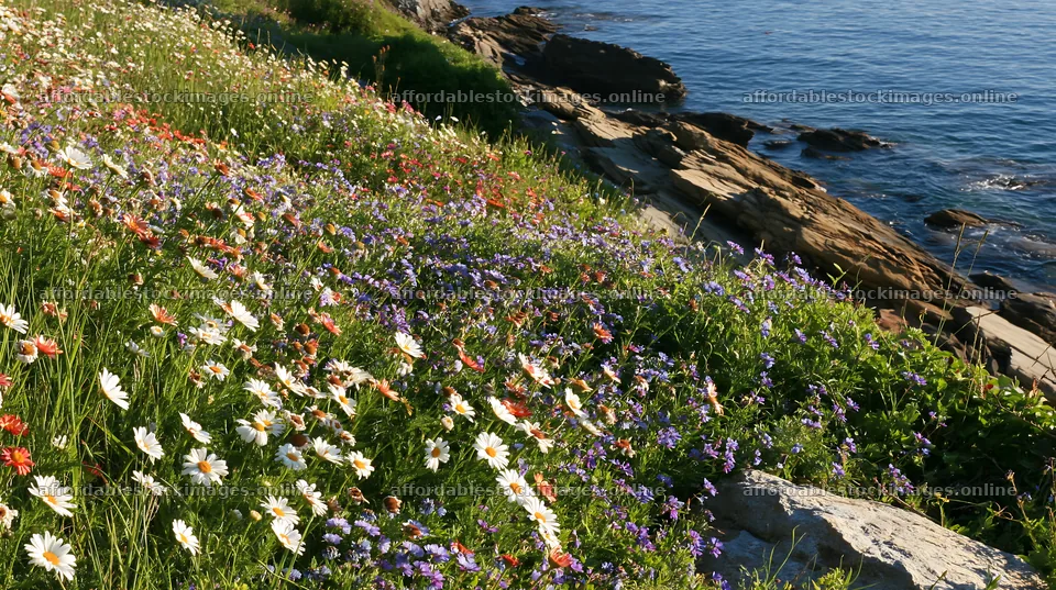 Wildflowers bloom in an Italian meadow by the rocky coast – stock images 10608x5938