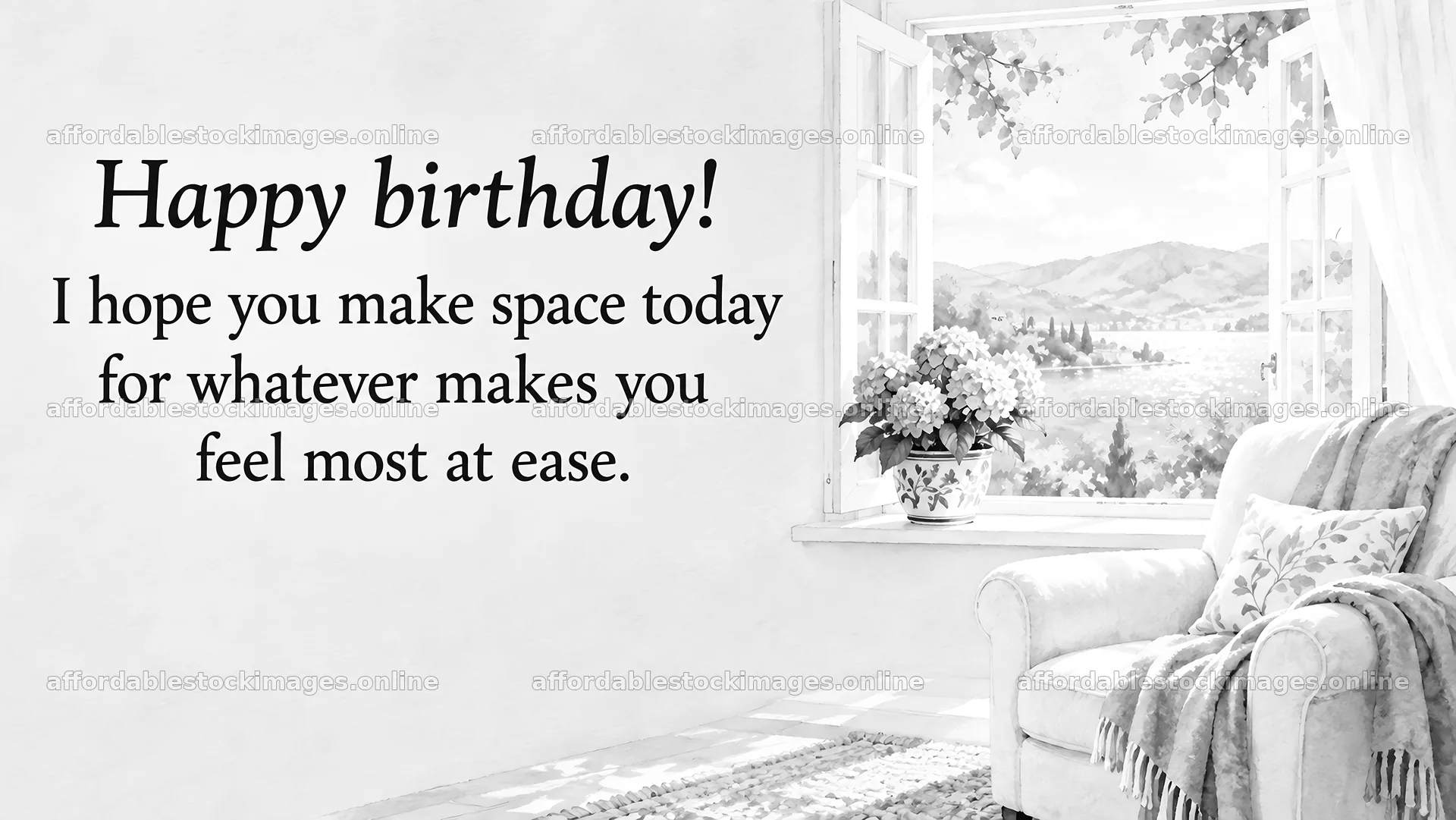 Peaceful Monochrome Happy Birthday Greeting – stock images 10324x5812