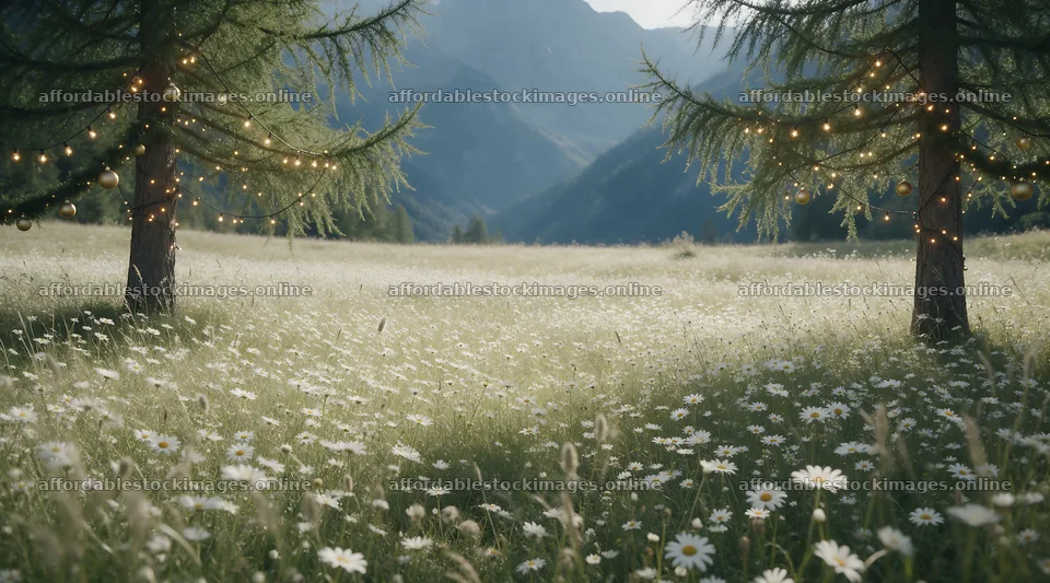 Christmas string lights in mountain valley meadow during daytime – stock images 10648x5916