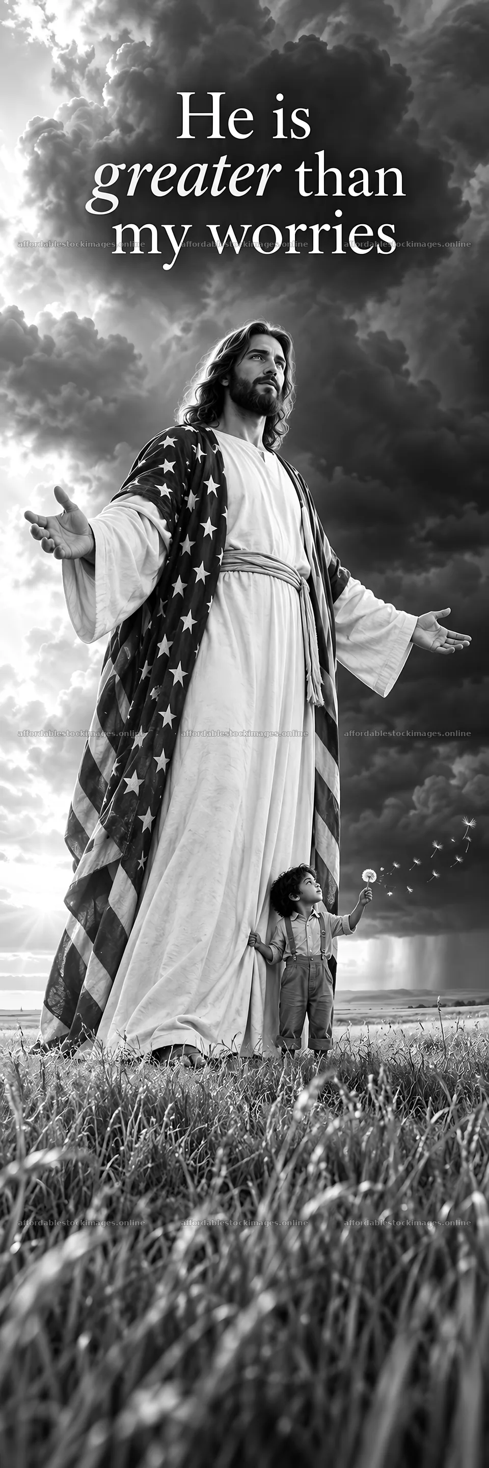 Jesus Christ comforts a child in a field with a cloudy sky – stock images 4472x13417
