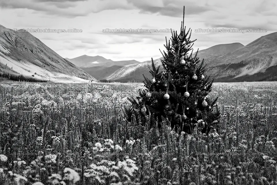 Decorated Christmas tree in mountain valley meadow – stock images 9722x6480