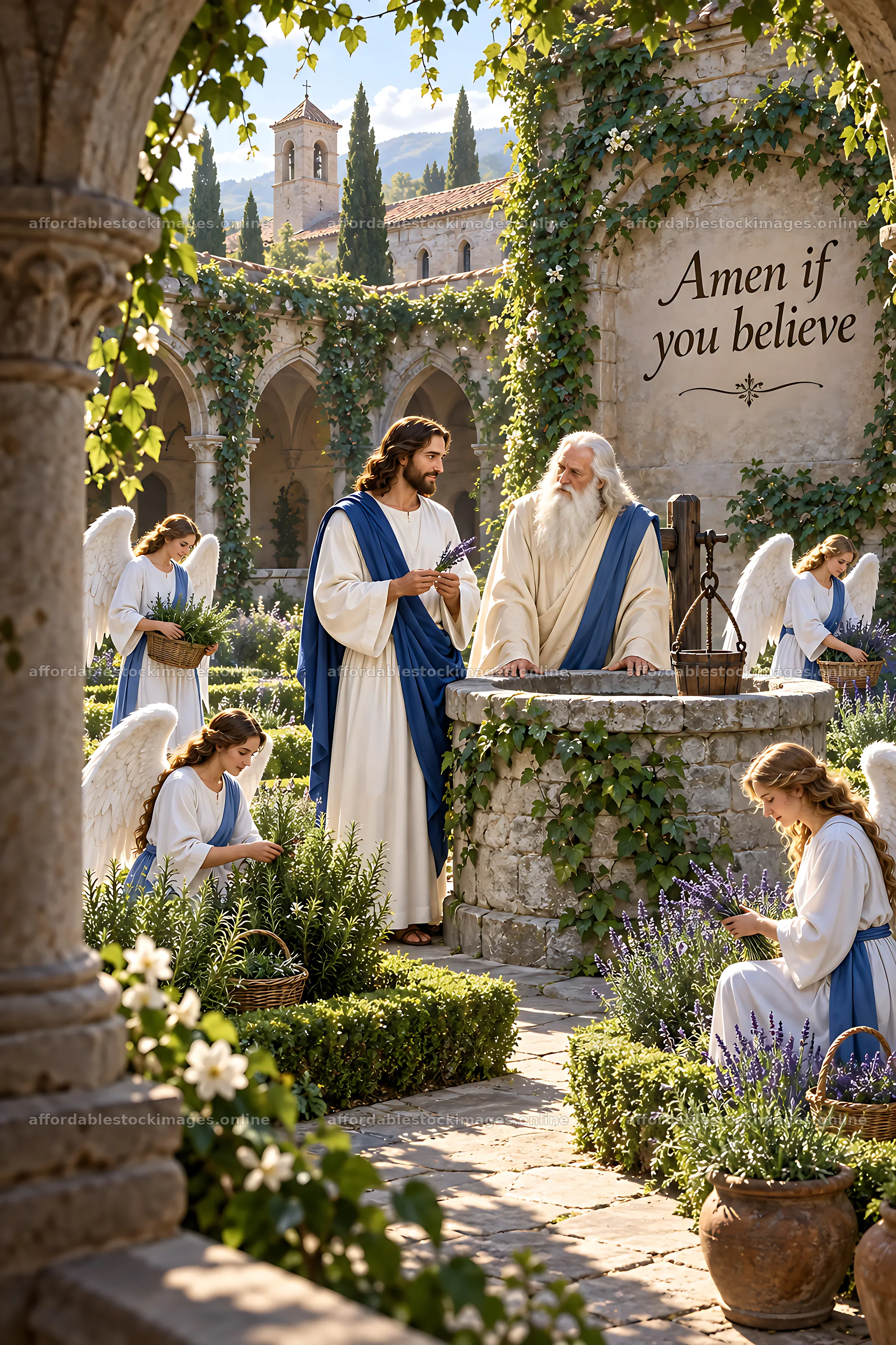 Cloister scene with figures by a well and gardens – stock images 6480x9722