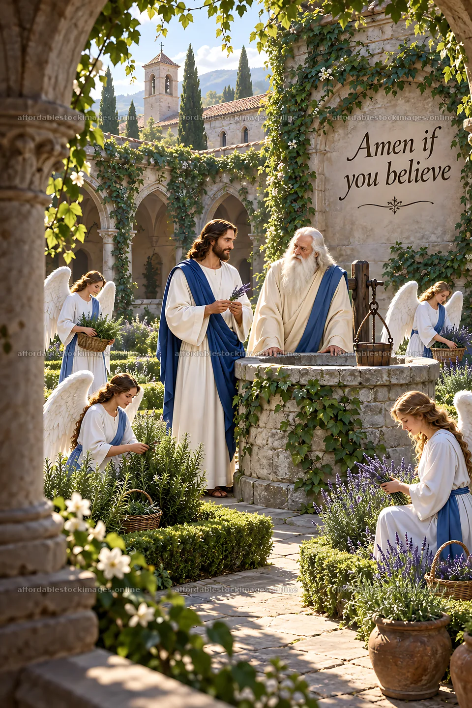 Cloister scene with figures by a well and gardens – stock images 6480x9722
