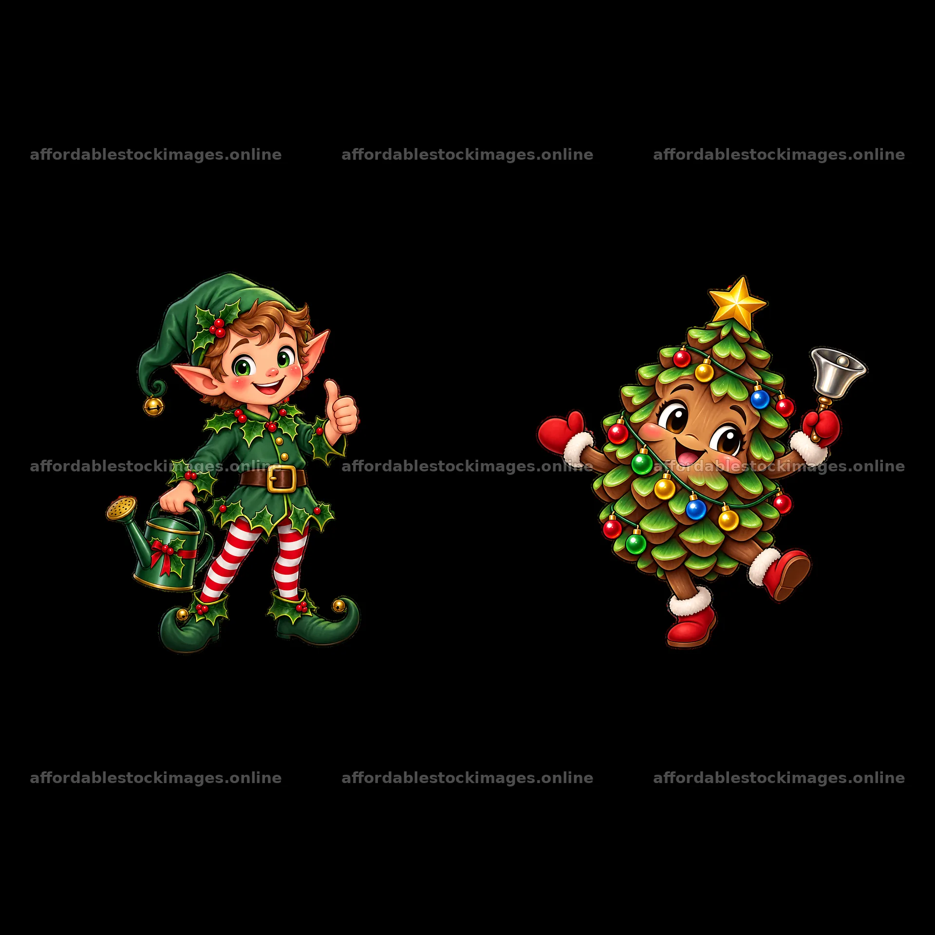 Cheerful elf with a watering can and smiling Christmas tree – stock images 7746x7746
