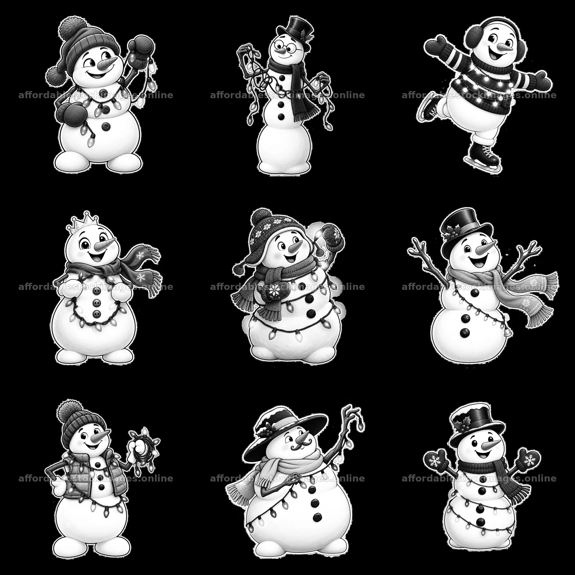 Snowman characters with string lights in a monochrome – stock images 7746x7746