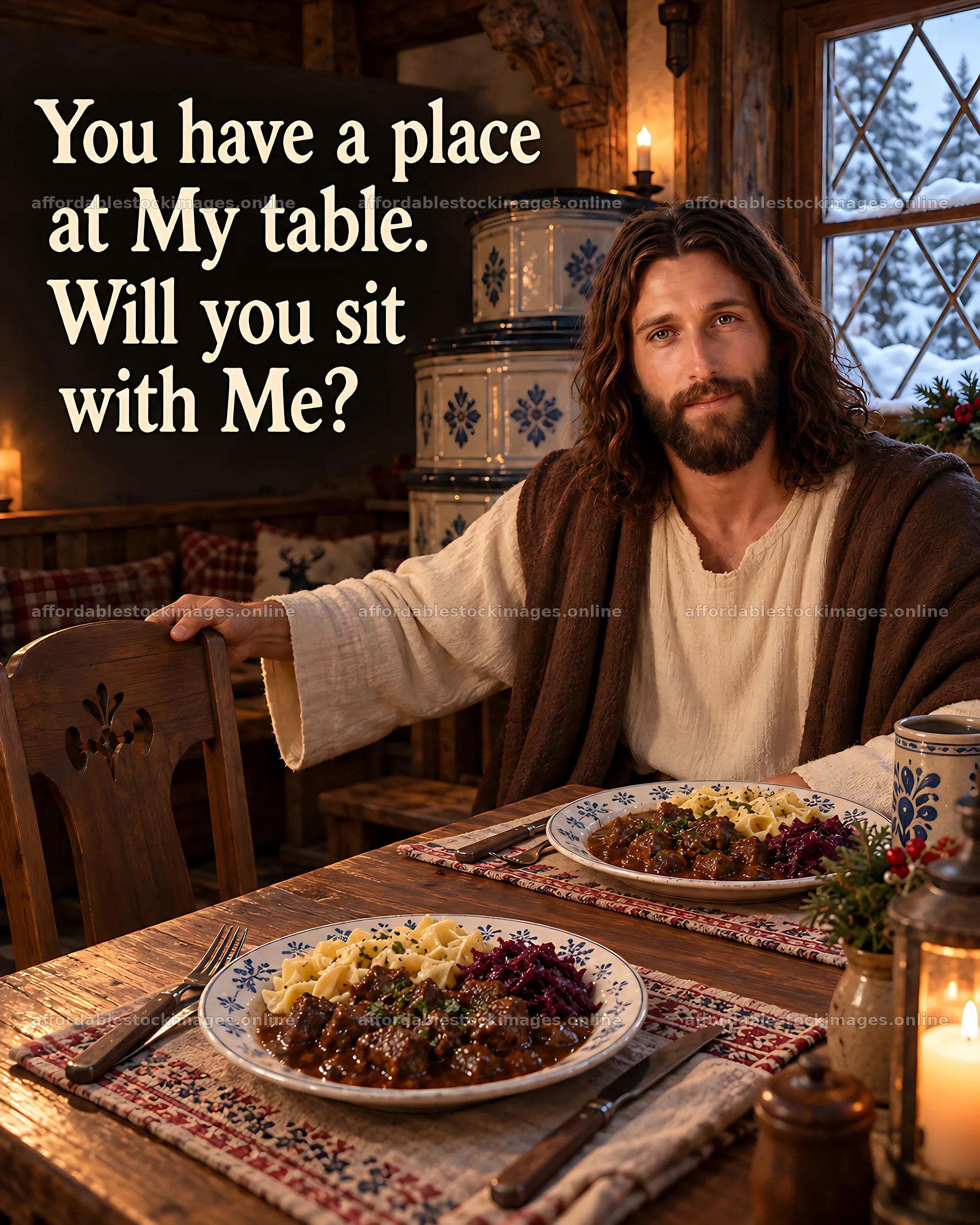 Supper in the Snowbound Inn invites you to share a meal – stock images 7100x8872