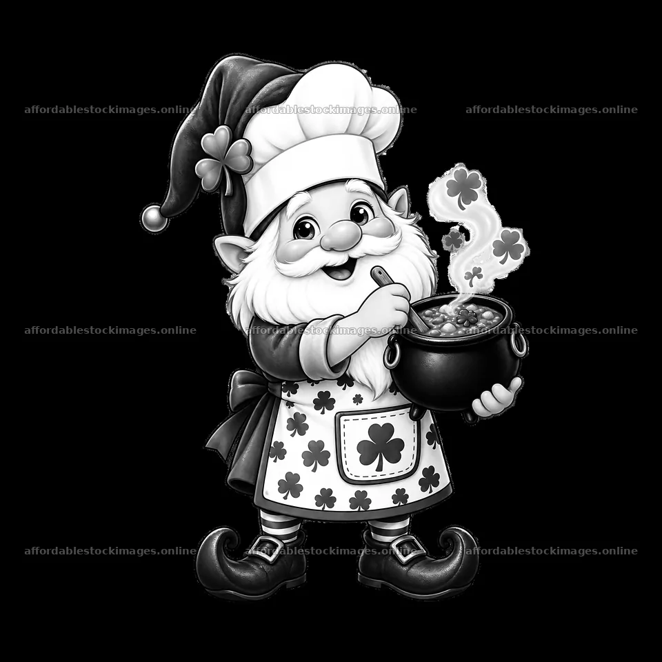 St. Patrick's Day gnome cooking in a pot with shamrock designs – stock images 7746x7746