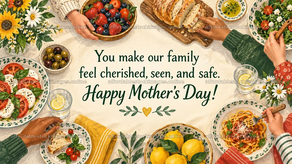 Mother's Day Greeting at a Family Table – stock images 10324x5812