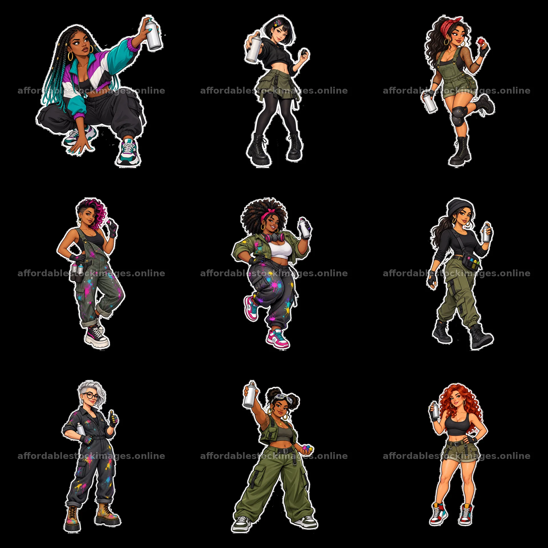 Female graffiti sprayers in a lively urban setting – stock images 7746x7746