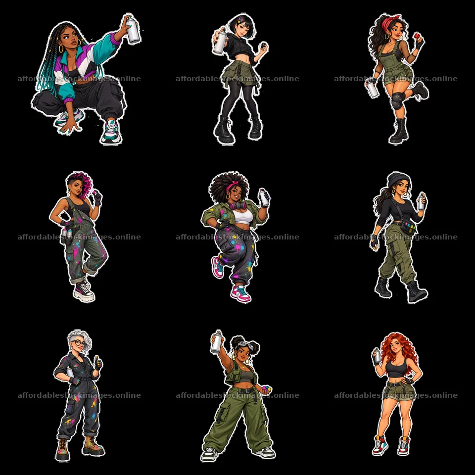 Female graffiti sprayers in a lively urban setting – stock images 7746x7746