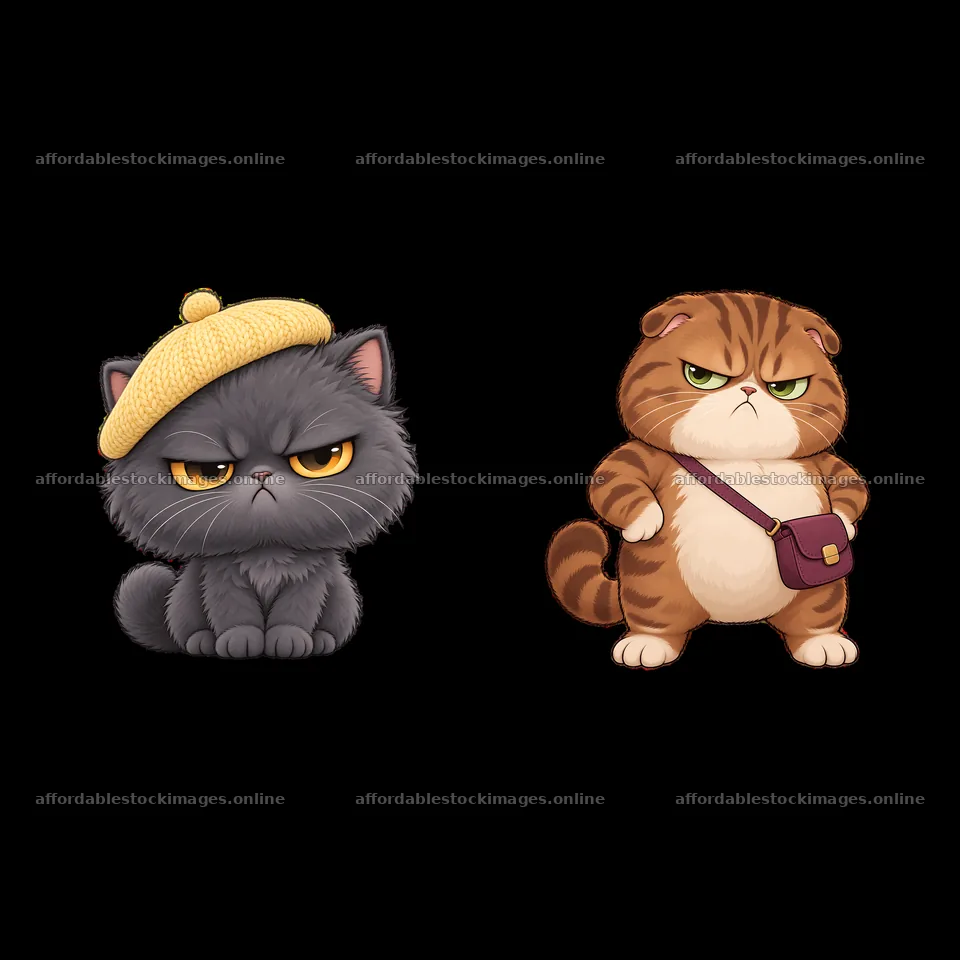 Kawaii grumpy cat characters with outfits and unique expressions – stock images 7746x7746