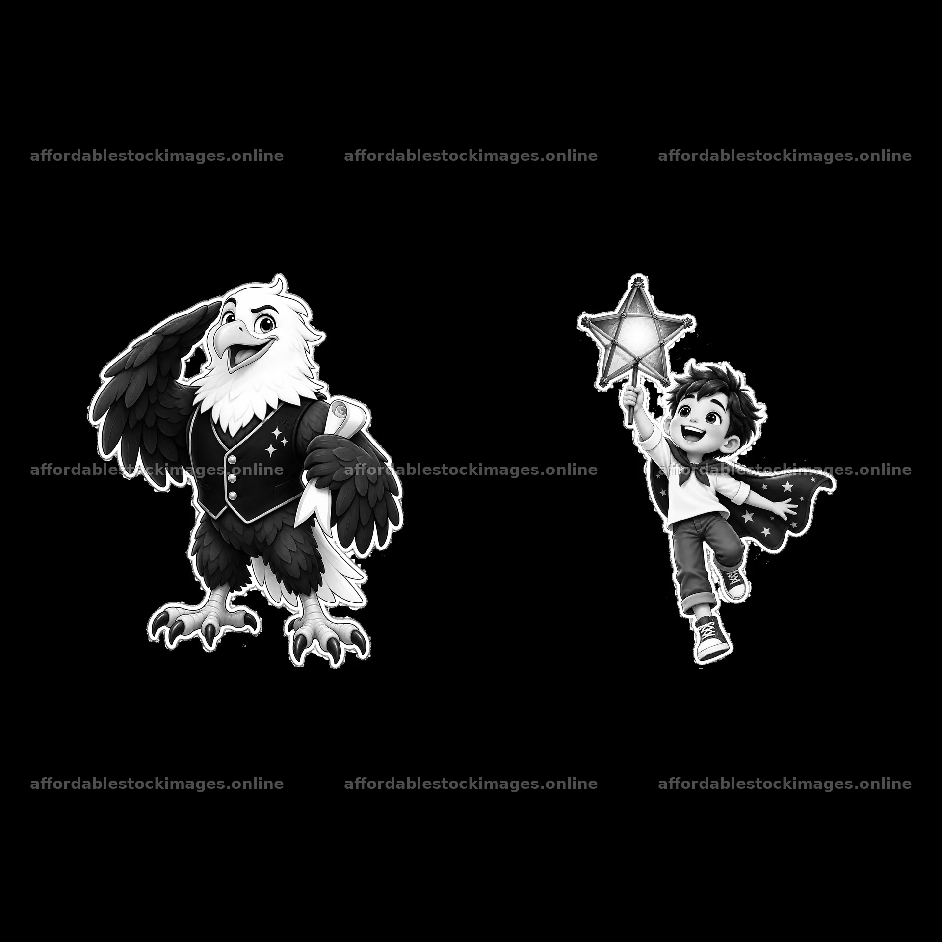 Eagle character with child waving a star wand in black and white – stock images 7746x7746