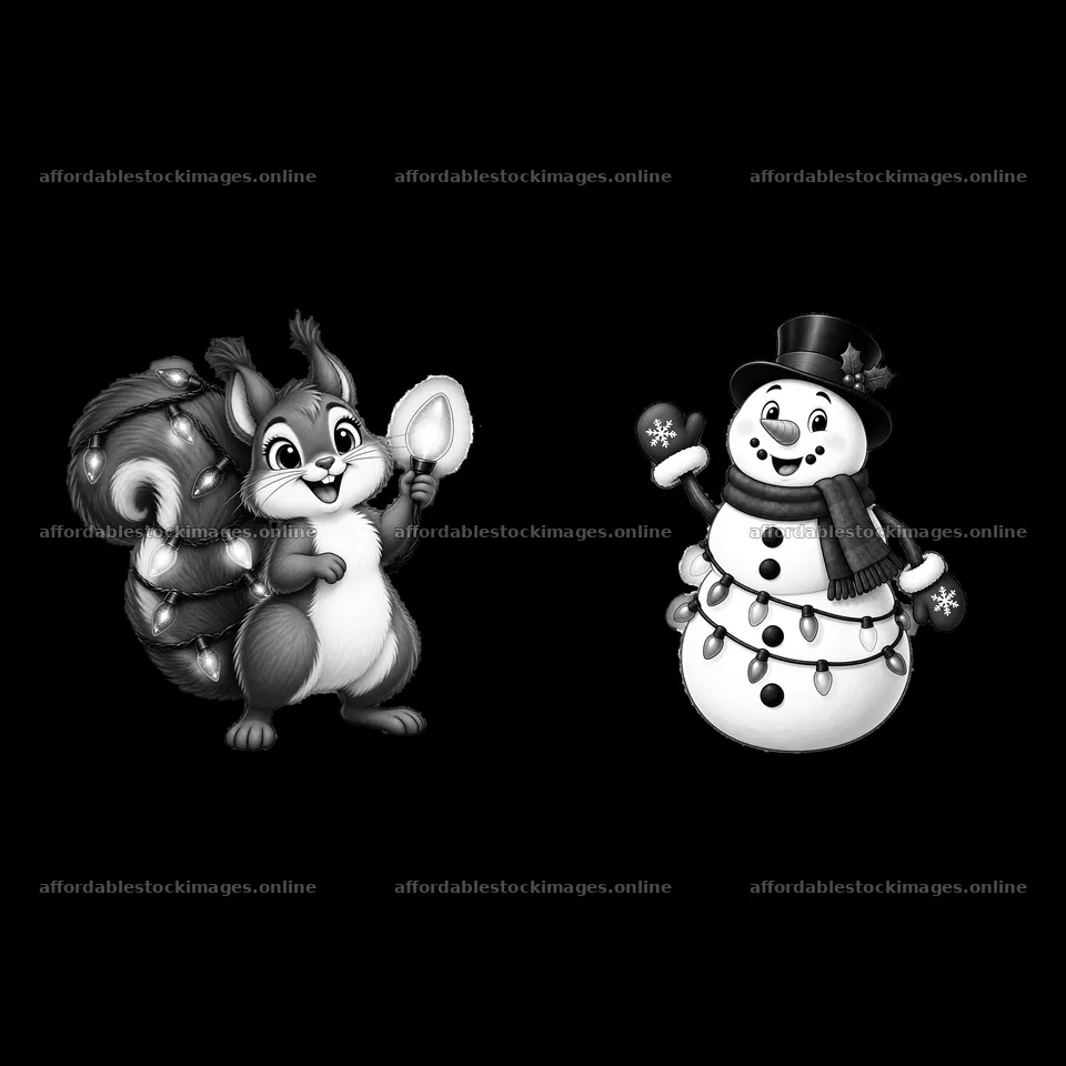 Squirrel holding a light bulb next to a snowman with string – stock images 7746x7746
