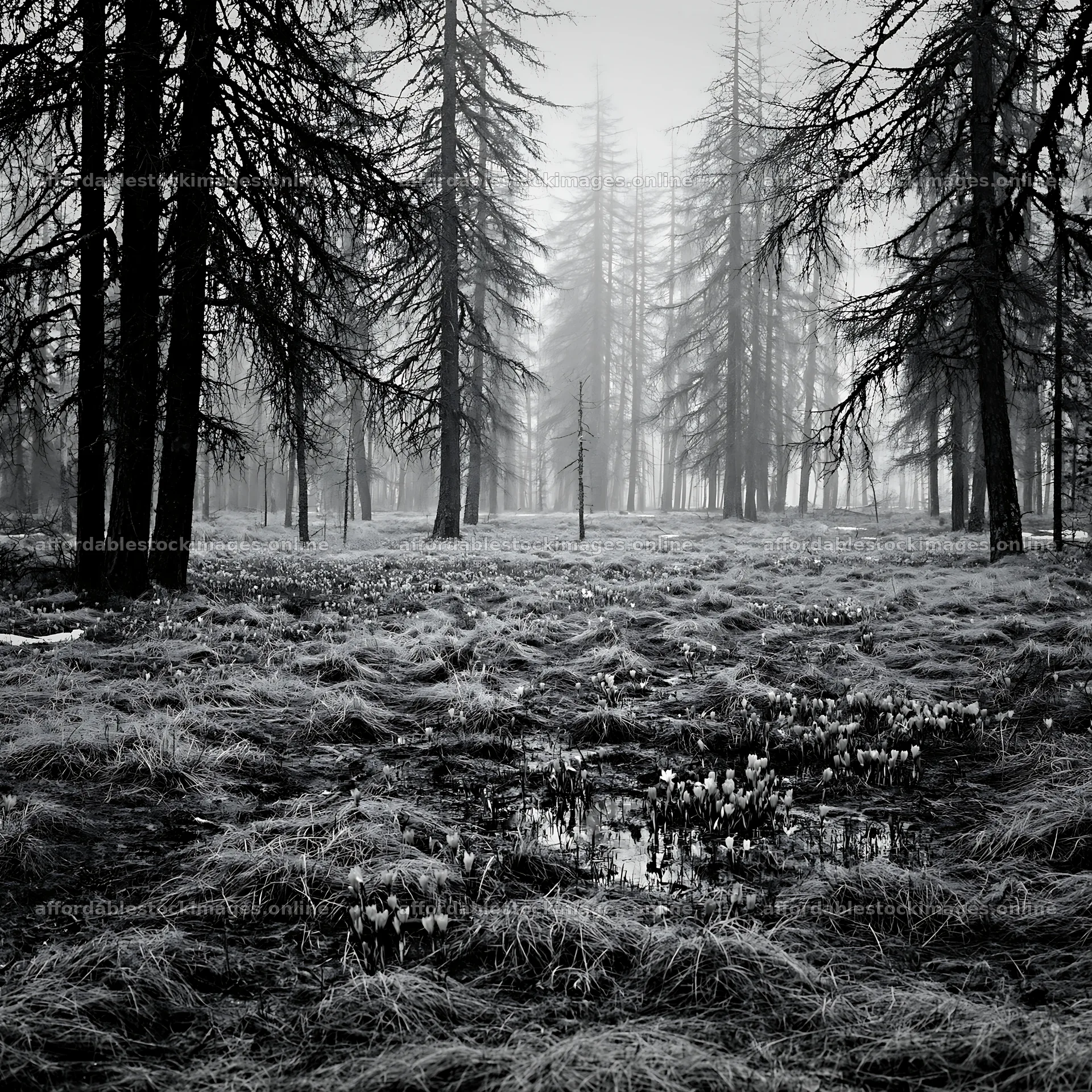 Misty forest meadow with flowers and trees in the background – stock images 7938x7938